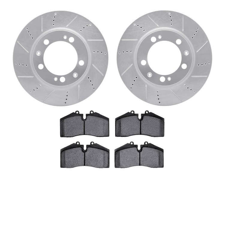 7502-02007 Drilled/Slotted Brake Rotors w/5000 Advanced Brake Pads Kit [Silver], 1986-1991 Porsche, Position: Front