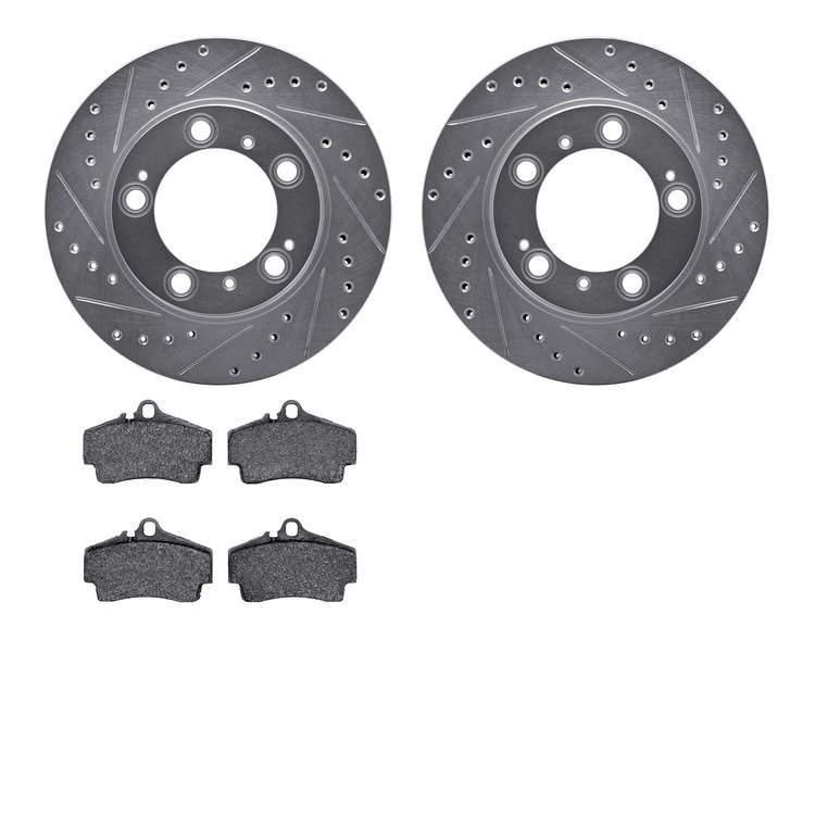 7502-02010 Drilled/Slotted Brake Rotors w/5000 Advanced Brake Pads Kit [Silver], 1997-2004 Porsche, Position: Rear