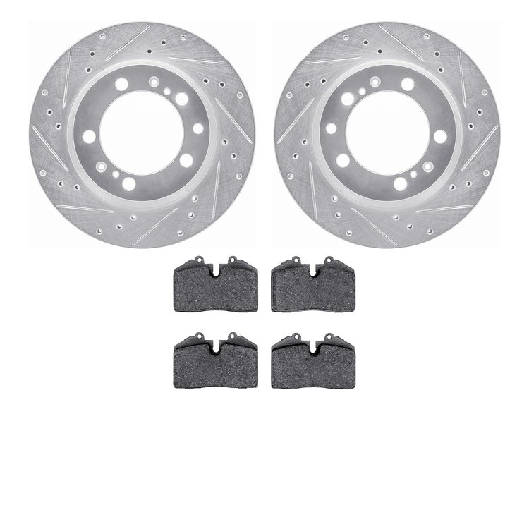 7502-02011 Drilled/Slotted Brake Rotors w/5000 Advanced Brake Pads Kit [Silver], 1991-1997 Porsche, Position: Rear