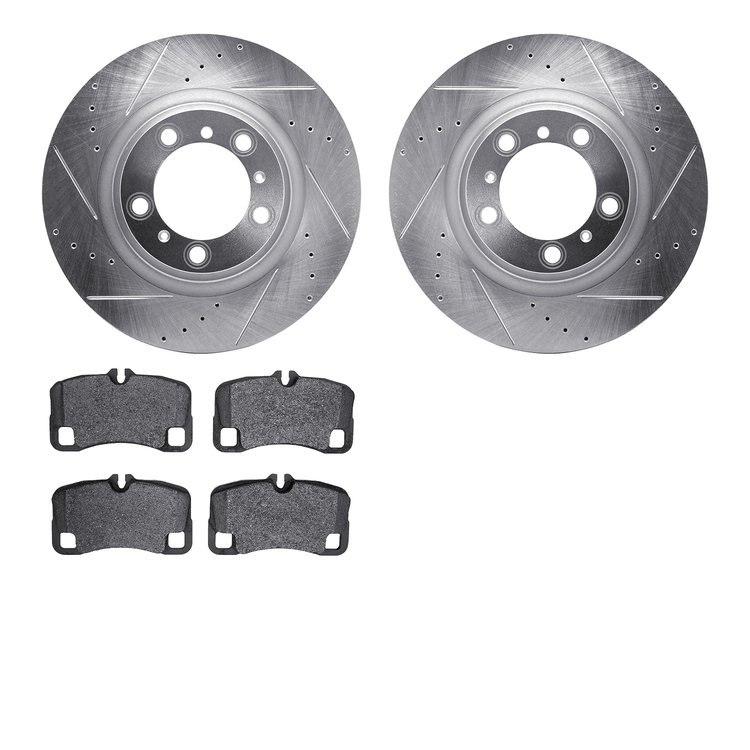 7502-02012 Drilled/Slotted Brake Rotors w/5000 Advanced Brake Pads Kit [Silver], 2007-2013 Porsche, Position: Rear