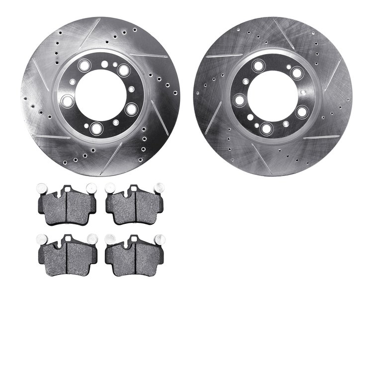 7502-02015 Drilled/Slotted Brake Rotors w/5000 Advanced Brake Pads Kit [Silver], 2006-2012 Porsche, Position: Rear
