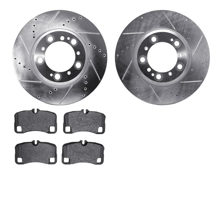7502-02016 Drilled/Slotted Brake Rotors w/5000 Advanced Brake Pads Kit [Silver], 2009-2012 Porsche, Position: Rear