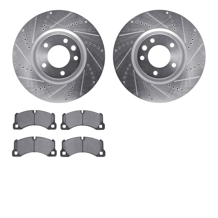 7502-02024 Drilled/Slotted Brake Rotors w/5000 Advanced Brake Pads Kit [Silver], 2008-2009 Audi/Volkswagen, Position: Front