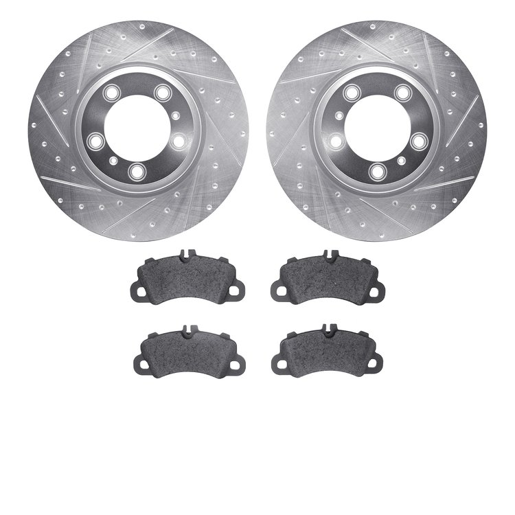 7502-02033 Drilled/Slotted Brake Rotors w/5000 Advanced Brake Pads Kit [Silver], 2019-2020 Porsche, Position: Front
