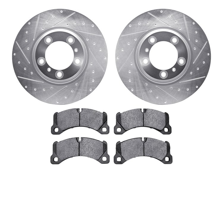 7502-02034 Drilled/Slotted Brake Rotors w/5000 Advanced Brake Pads Kit [Silver], 2017-2020 Porsche, Position: Front