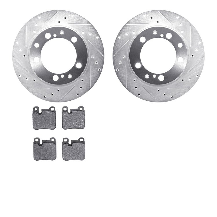 7502-02062 Drilled/Slotted Brake Rotors w/5000 Advanced Brake Pads Kit [Silver], 1990-1991 Porsche, Position: Rear