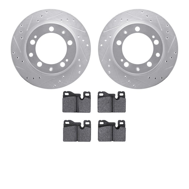 7502-02072 Drilled/Slotted Brake Rotors w/5000 Advanced Brake Pads Kit [Silver], 1987-1989 Porsche, Position: Rear