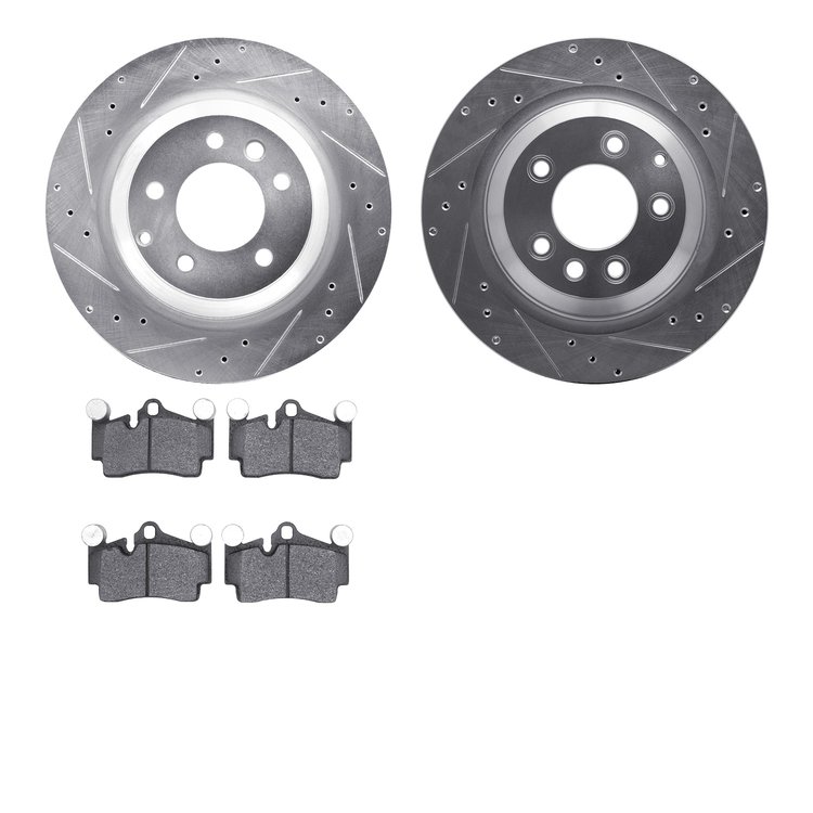 7502-02139 Drilled/Slotted Brake Rotors w/5000 Advanced Brake Pads Kit [Silver], 2005-2006 Porsche, Position: Rear