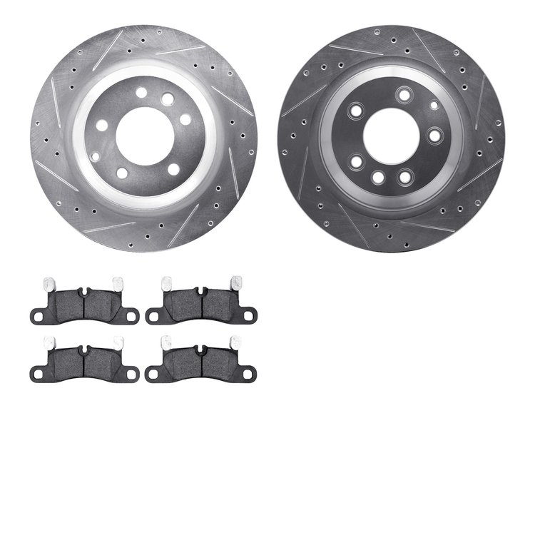 7502-02142 Drilled/Slotted Brake Rotors w/5000 Advanced Brake Pads Kit [Silver], 2011-2014 Porsche, Position: Rear