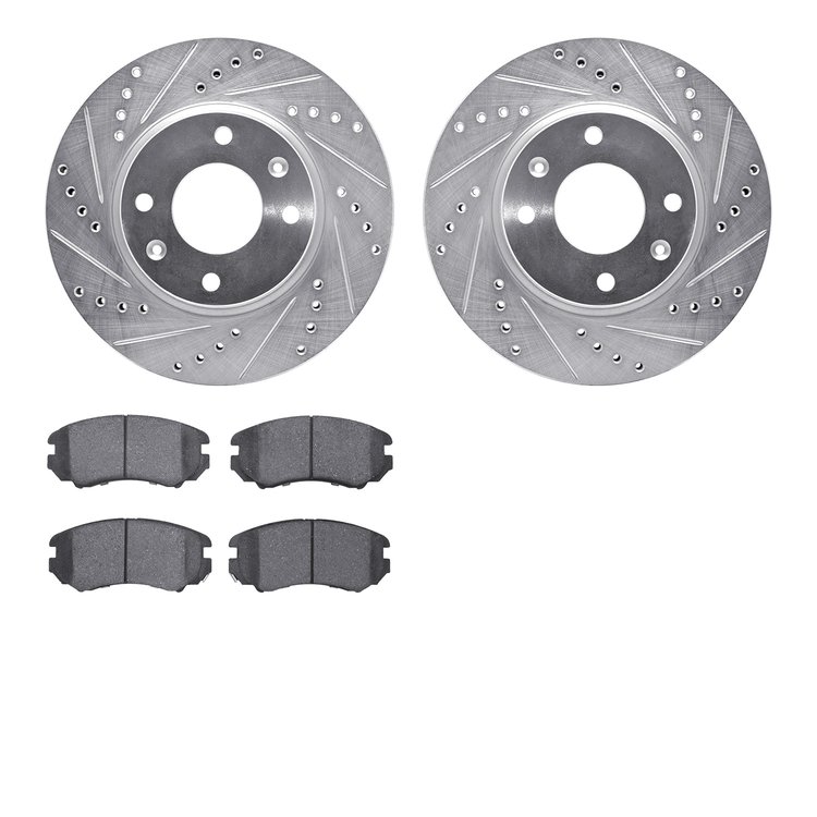 7502-03000 Drilled/Slotted Brake Rotors w/5000 Advanced Brake Pads Kit [Silver], 2002-2006 Kia/Hyundai/Genesis, Position: Front