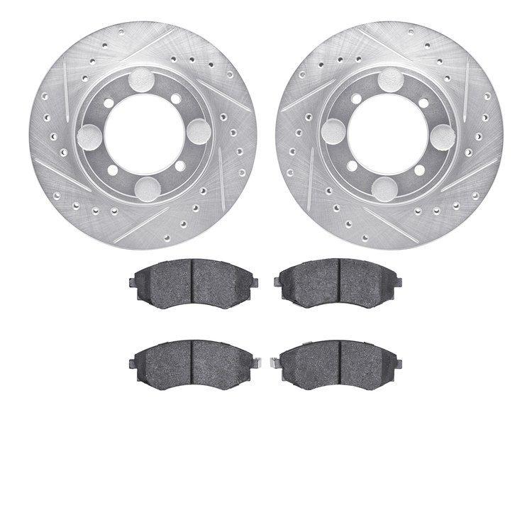 7502-03008 Drilled/Slotted Brake Rotors w/5000 Advanced Brake Pads Kit [Silver], 1992-1998 Kia/Hyundai/Genesis, Position: Front