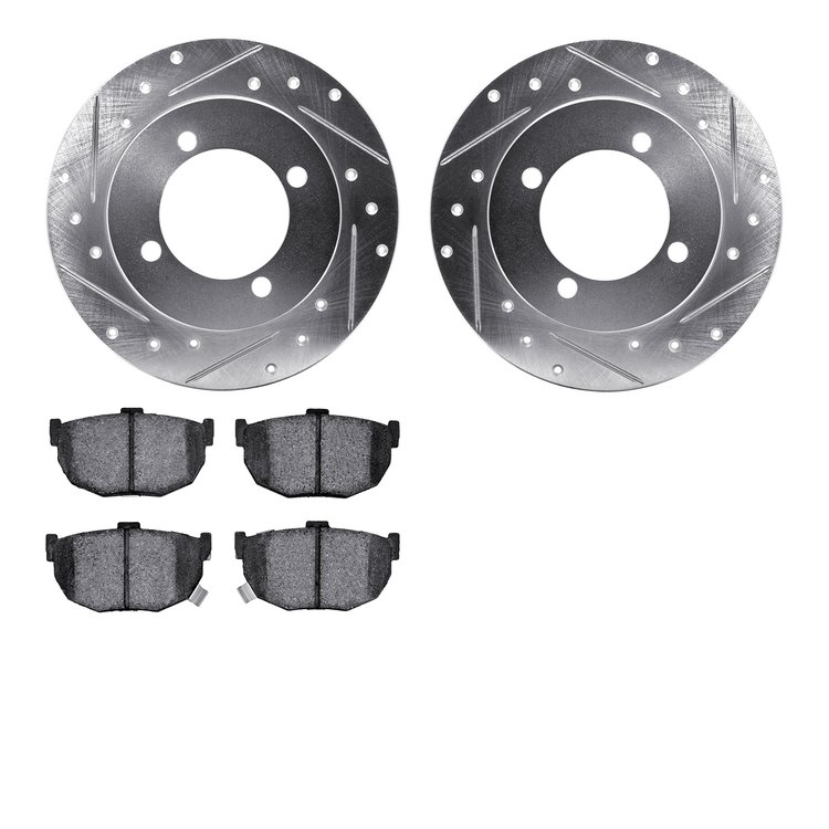 7502-03009 Drilled/Slotted Brake Rotors w/5000 Advanced Brake Pads Kit [Silver], 1994-1996 Kia/Hyundai/Genesis, Position: Rear
