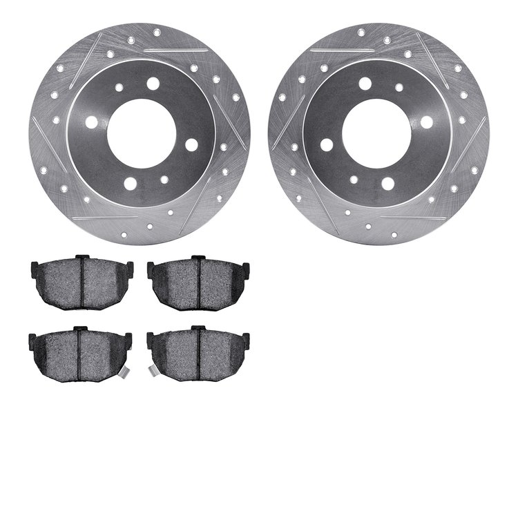 7502-03011 Drilled/Slotted Brake Rotors w/5000 Advanced Brake Pads Kit [Silver], 1997-2006 Kia/Hyundai/Genesis, Position: Rear