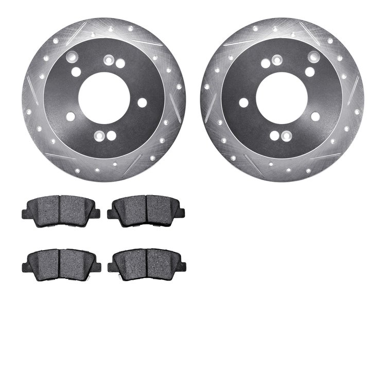 7502-03015 Drilled/Slotted Brake Rotors w/5000 Advanced Brake Pads Kit [Silver], 2008-2010 Kia/Hyundai/Genesis, Position: Rear