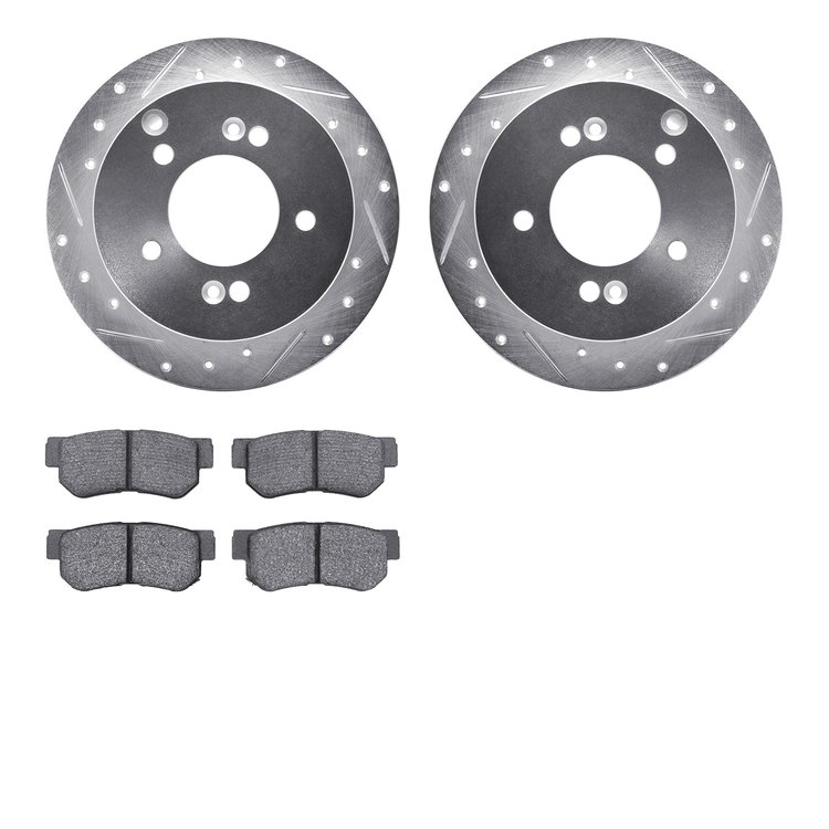 7502-03016 Drilled/Slotted Brake Rotors w/5000 Advanced Brake Pads Kit [Silver], 2001-2010 Kia/Hyundai/Genesis, Position: Rear