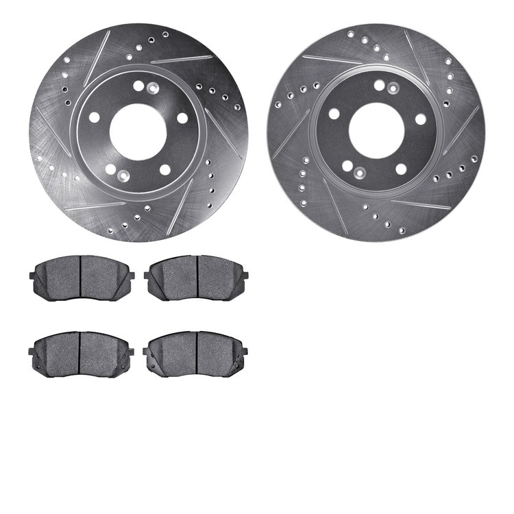 7502-03019 Drilled/Slotted Brake Rotors w/5000 Advanced Brake Pads Kit [Silver], 2011-2012 Kia/Hyundai/Genesis, Position: Front