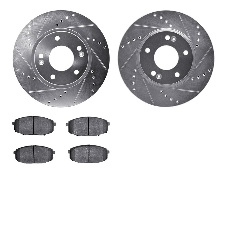 7502-03020 Drilled/Slotted Brake Rotors w/5000 Advanced Brake Pads Kit [Silver], 2009-2012 Kia/Hyundai/Genesis, Position: Front
