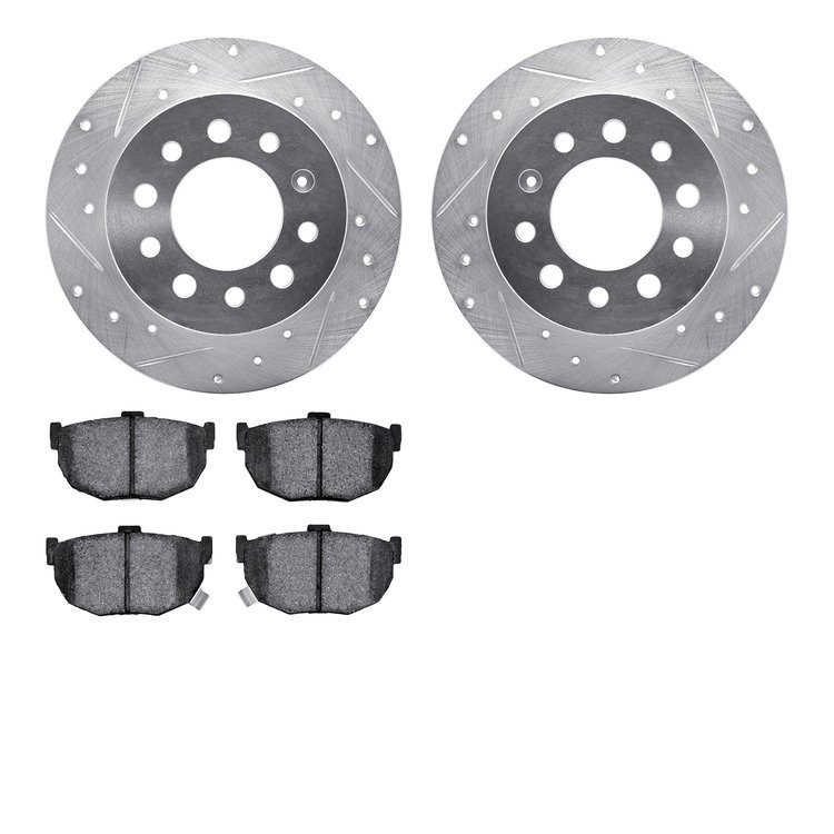 7502-03021 Drilled/Slotted Brake Rotors w/5000 Advanced Brake Pads Kit [Silver], 2003-2008 Kia/Hyundai/Genesis, Position: Rear