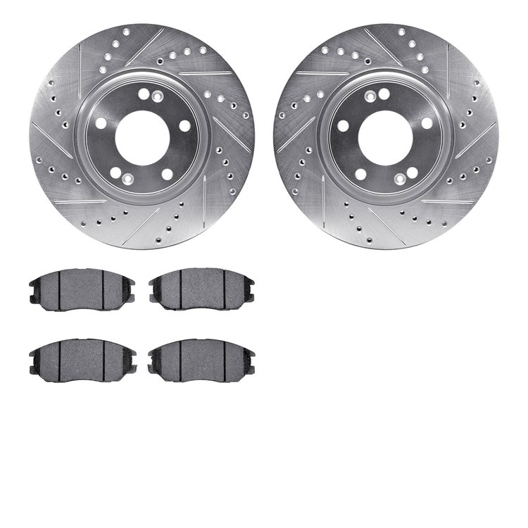 7502-03023 Drilled/Slotted Brake Rotors w/5000 Advanced Brake Pads Kit [Silver], 2004-2006 Kia/Hyundai/Genesis, Position: Front