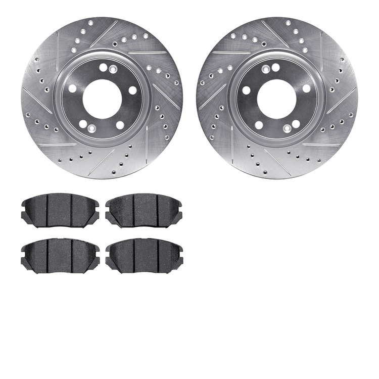 7502-03024 Drilled/Slotted Brake Rotors w/5000 Advanced Brake Pads Kit [Silver], 2006-2011 Kia/Hyundai/Genesis, Position: Front