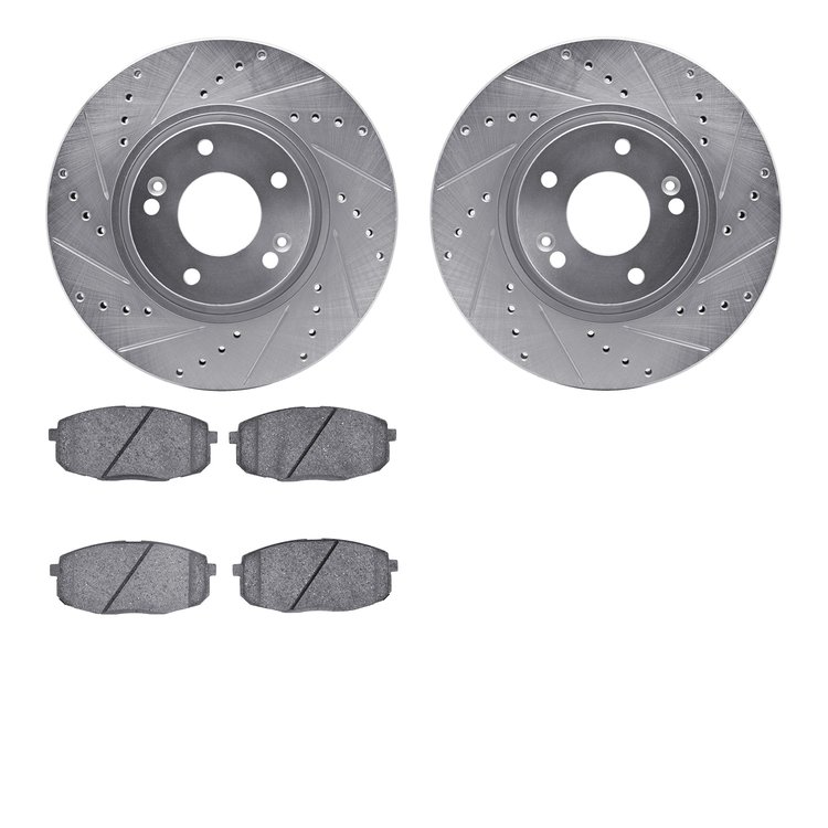 7502-03029 Drilled/Slotted Brake Rotors w/5000 Advanced Brake Pads Kit [Silver], 2010-2019 Kia/Hyundai/Genesis, Position: Front