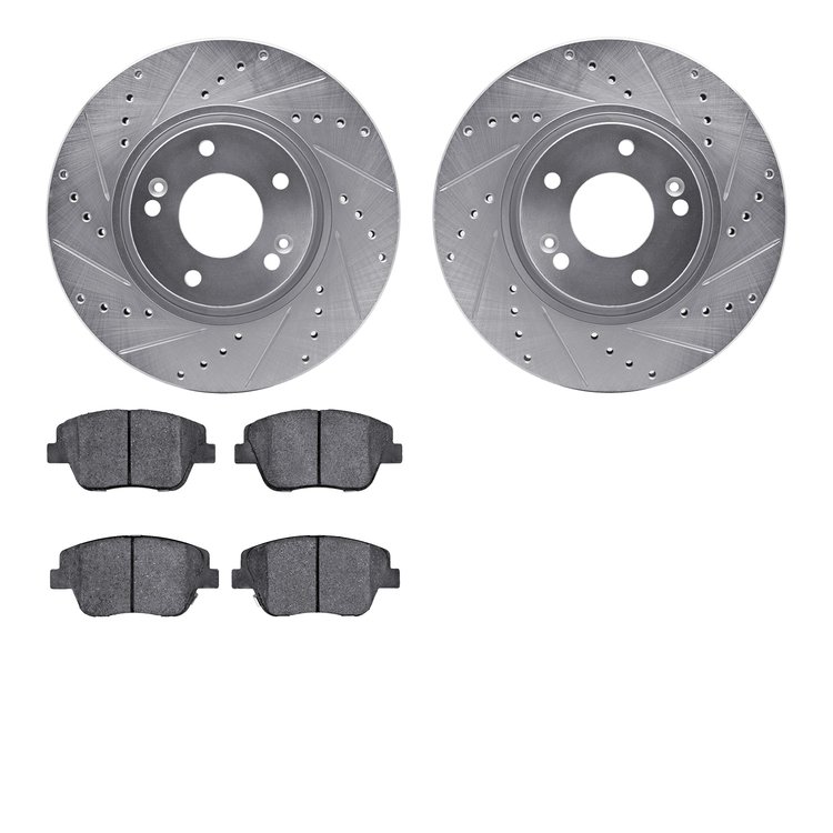 7502-03031 Drilled/Slotted Brake Rotors w/5000 Advanced Brake Pads Kit [Silver], 2009-2016 Kia/Hyundai/Genesis, Position: Front