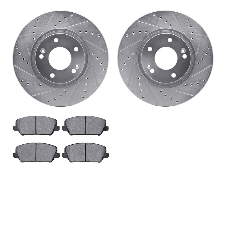 7502-03032 Drilled/Slotted Brake Rotors w/5000 Advanced Brake Pads Kit [Silver], 2014-2018 Kia/Hyundai/Genesis, Position: Front