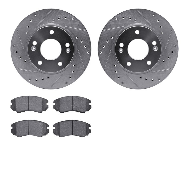 7502-03041 Drilled/Slotted Brake Rotors w/5000 Advanced Brake Pads Kit [Silver], 2007-2010 Kia/Hyundai/Genesis, Position: Front