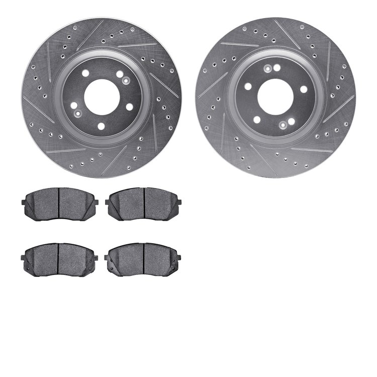 7502-03042 Drilled/Slotted Brake Rotors w/5000 Advanced Brake Pads Kit [Silver], 2014-2017 Kia/Hyundai/Genesis, Position: Front