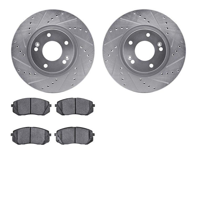 7502-03043 Drilled/Slotted Brake Rotors w/5000 Advanced Brake Pads Kit [Silver], 2010-2016 Kia/Hyundai/Genesis, Position: Front