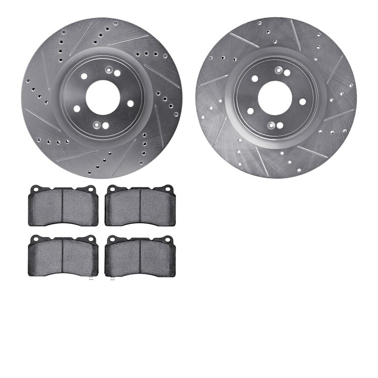 7502-03051 Drilled/Slotted Brake Rotors w/5000 Advanced Brake Pads Kit [Silver], 2010-2016 Kia/Hyundai/Genesis, Position: Front