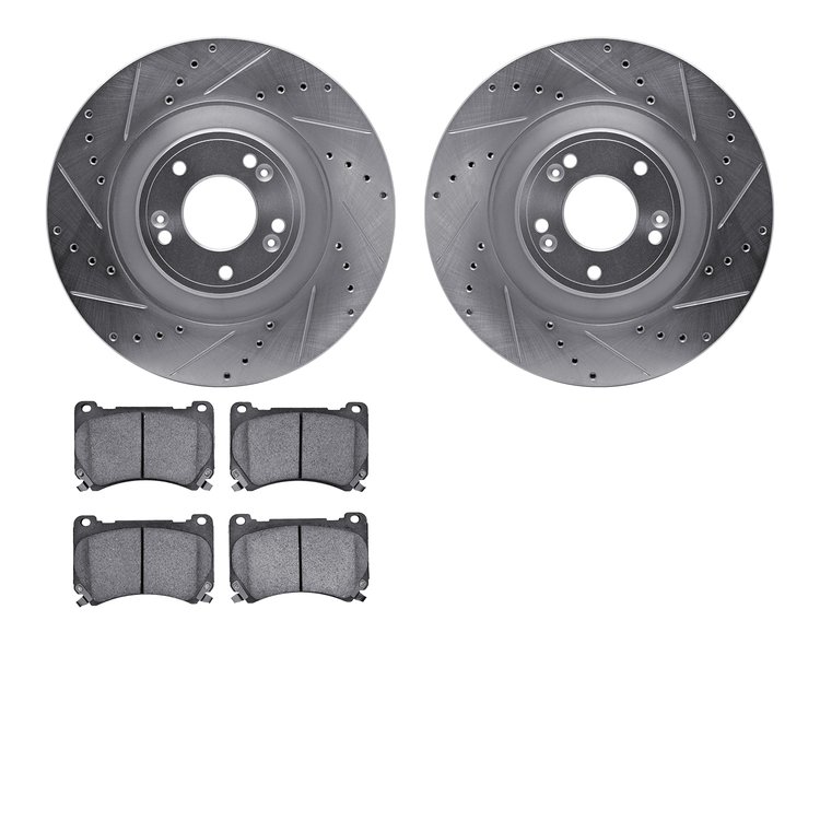7502-03055 Drilled/Slotted Brake Rotors w/5000 Advanced Brake Pads Kit [Silver], 2011-2014 Kia/Hyundai/Genesis, Position: Front