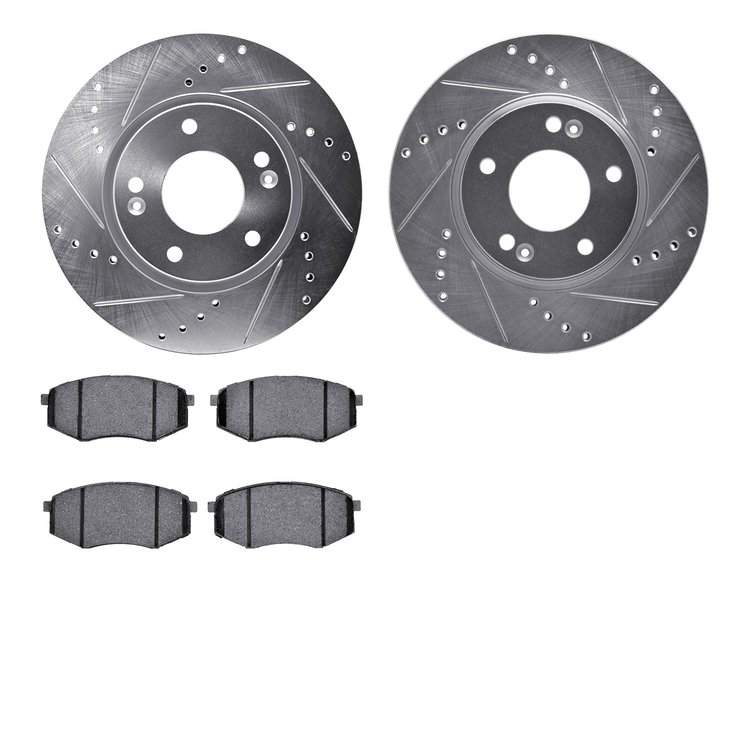 7502-03065 Drilled/Slotted Brake Rotors w/5000 Advanced Brake Pads Kit [Silver], 2010-2011 Kia/Hyundai/Genesis, Position: Front
