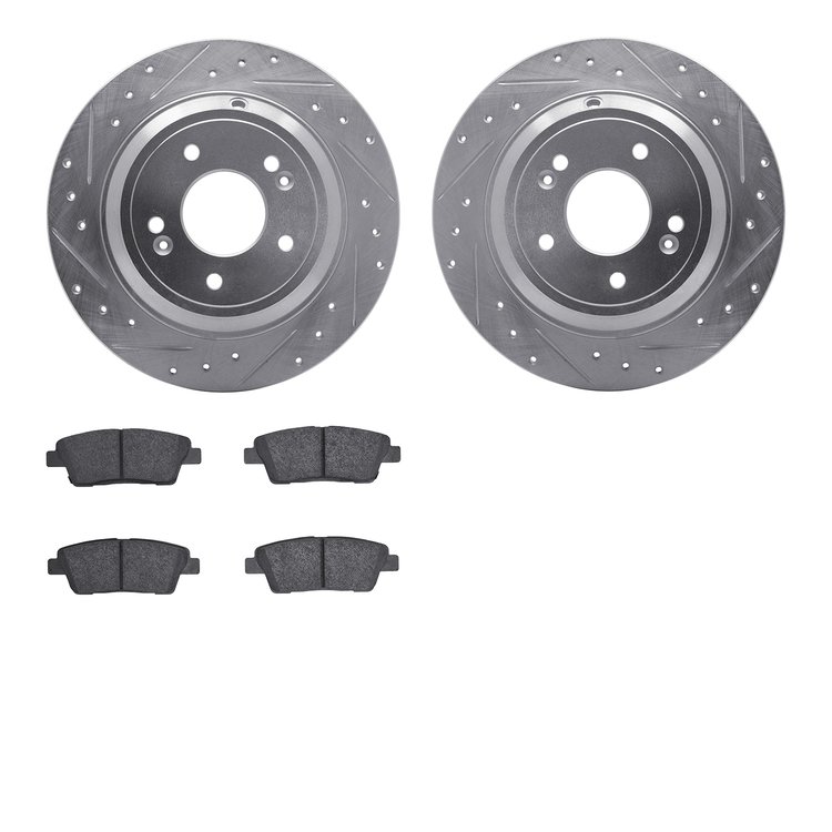 7502-03067 Drilled/Slotted Brake Rotors w/5000 Advanced Brake Pads Kit [Silver], 2010-2017 Kia/Hyundai/Genesis, Position: Rear