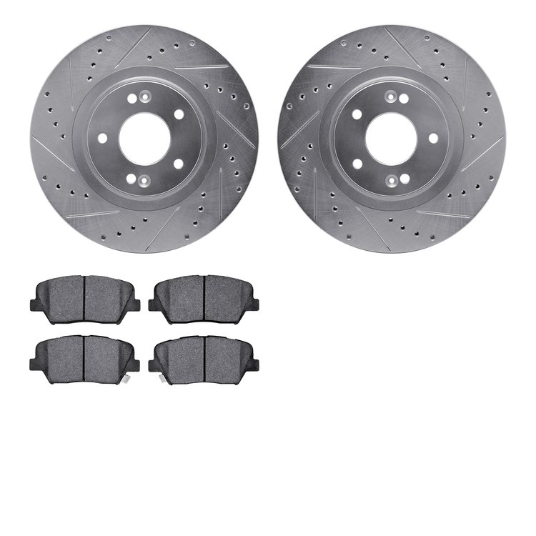 7502-03083 Drilled/Slotted Brake Rotors w/5000 Advanced Brake Pads Kit [Silver], 2013-2018 Kia/Hyundai/Genesis, Position: Front