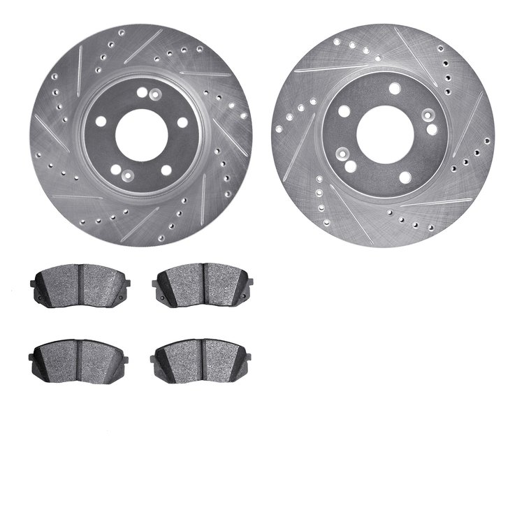 7502-03086 Drilled/Slotted Brake Rotors w/5000 Advanced Brake Pads Kit [Silver], Fits Select Kia/Hyundai/Genesis, Position: Fron