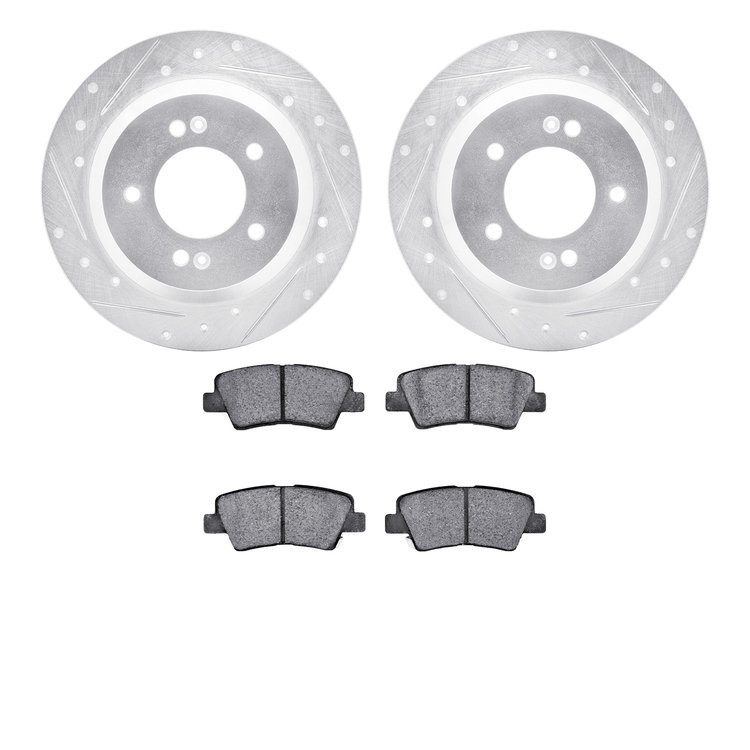 7502-03100 Drilled/Slotted Brake Rotors w/5000 Advanced Brake Pads Kit [Silver], Fits Select Kia/Hyundai/Genesis, Position: Rear