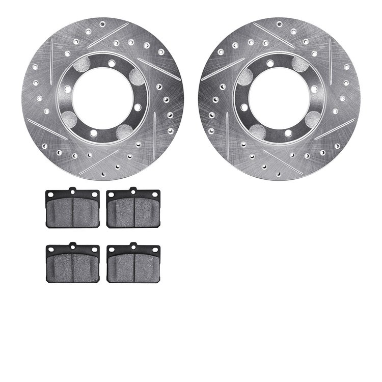 7502-03130 Drilled/Slotted Brake Rotors w/5000 Advanced Brake Pads Kit [Silver], 1987-1987 Mitsubishi, Position: Front