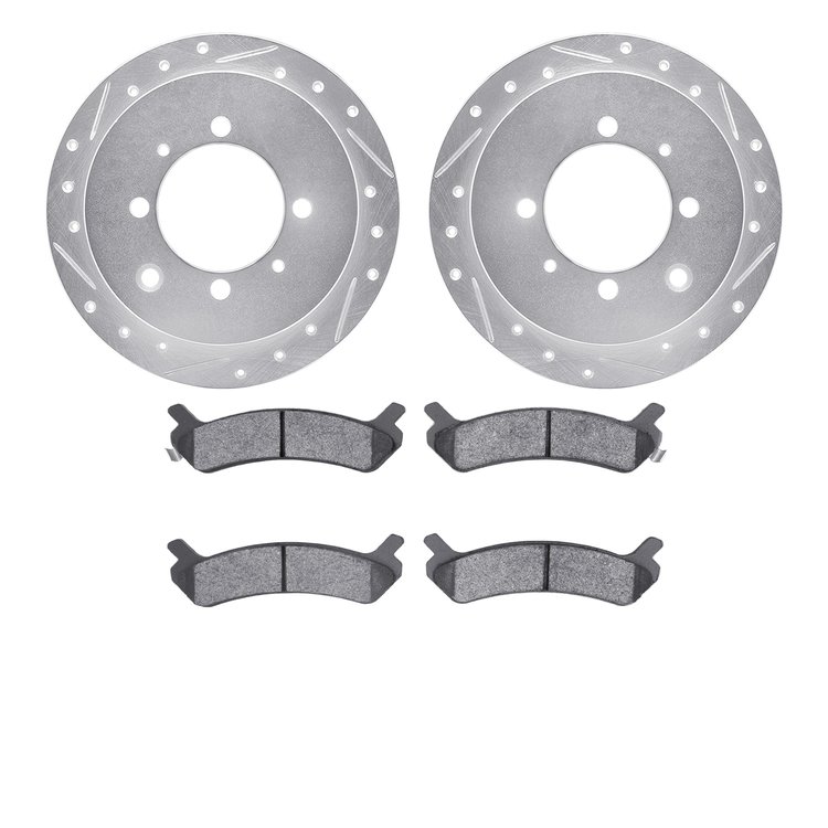 7502-03141 Drilled/Slotted Brake Rotors w/5000 Advanced Brake Pads Kit [Silver], 1991-1993 Kia/Hyundai/Genesis, Position: Rear