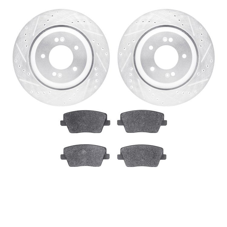 7502-03447 Drilled/Slotted Brake Rotors w/5000 Advanced Brake Pads Kit [Silver], Fits Select Kia/Hyundai/Genesis, Position: Rear