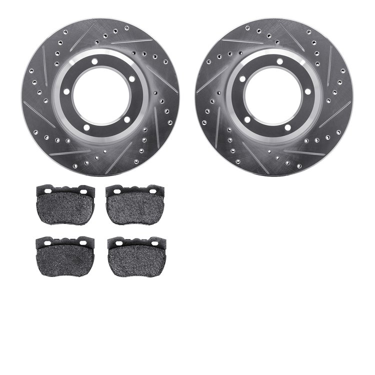 7502-11006 Drilled/Slotted Brake Rotors w/5000 Advanced Brake Pads Kit [Silver], 1990-1995 Land Rover, Position: Front