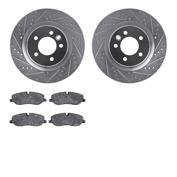 7502-11013 Drilled/Slotted Brake Rotors w/5000 Advanced Brake Pads Kit [Silver], 2005-2009 Land Rover, Position: Front