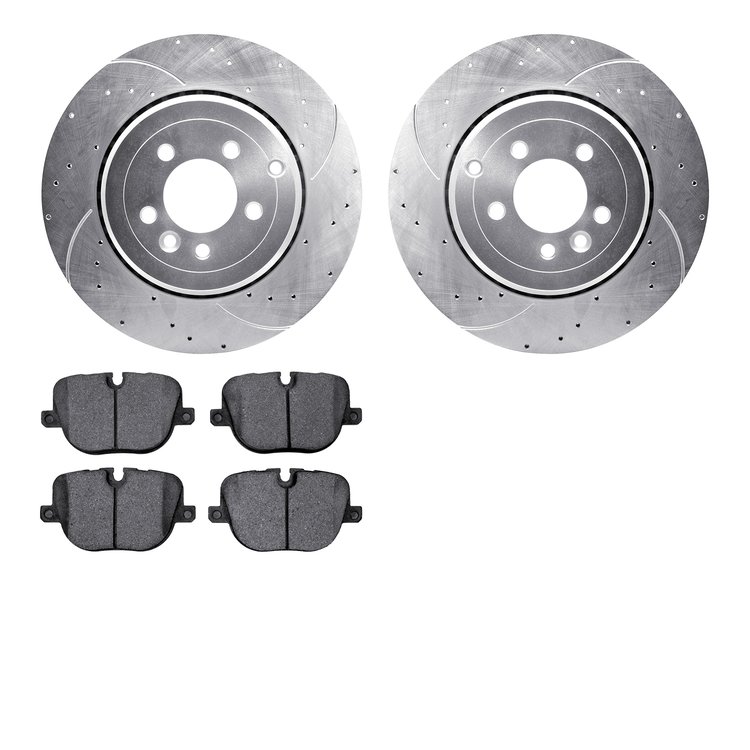 7502-11024 Drilled/Slotted Brake Rotors w/5000 Advanced Brake Pads Kit [Silver], 2010-2013 Land Rover, Position: Rear
