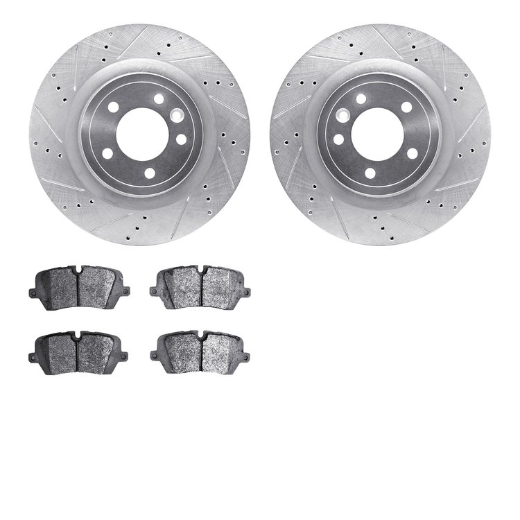 7502-11036 Drilled/Slotted Brake Rotors w/5000 Advanced Brake Pads Kit [Silver], 2014-2017 Land Rover, Position: Rear
