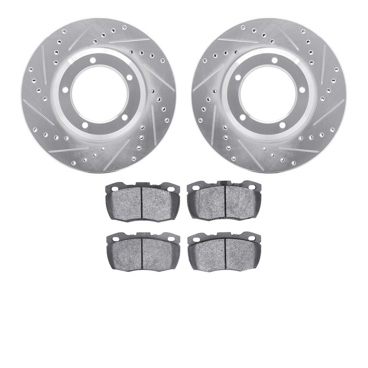 7502-11042 Drilled/Slotted Brake Rotors w/5000 Advanced Brake Pads Kit [Silver], 1994-2016 Land Rover, Position: Front