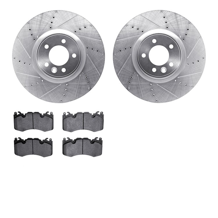 7502-11131 Drilled/Slotted Brake Rotors w/5000 Advanced Brake Pads Kit [Silver], 2010-2017 Land Rover, Position: Front
