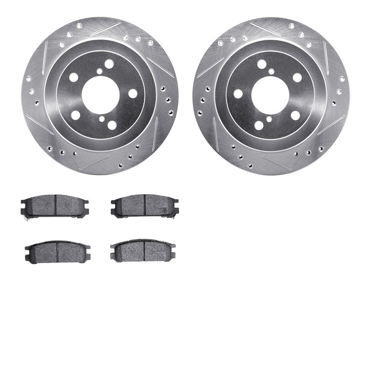 7502-13010 Drilled/Slotted Brake Rotors w/5000 Advanced Brake Pads Kit [Silver], 1990-1994 Subaru, Position: Rear