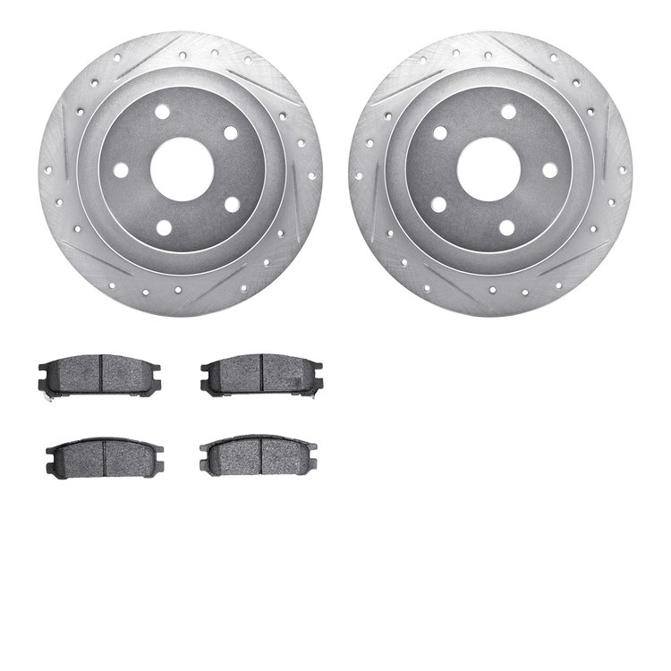 7502-13011 Drilled/Slotted Brake Rotors w/5000 Advanced Brake Pads Kit [Silver], 1992-1997 Subaru, Position: Rear