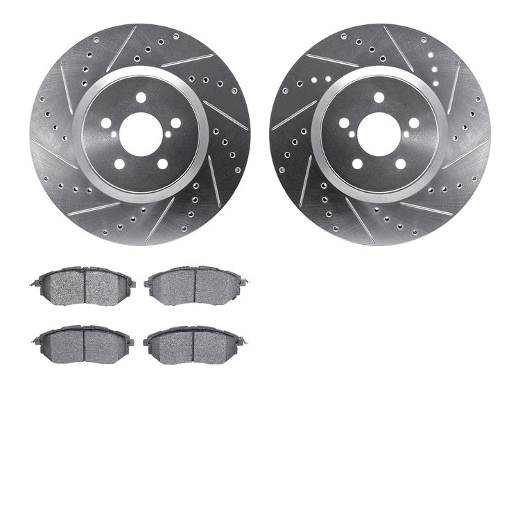 7502-13019 Drilled/Slotted Brake Rotors w/5000 Advanced Brake Pads Kit [Silver], 2005-2018 Subaru, Position: Front