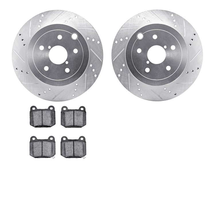 7502-13023 Drilled/Slotted Brake Rotors w/5000 Advanced Brake Pads Kit [Silver], 2008-2020 Subaru, Position: Rear